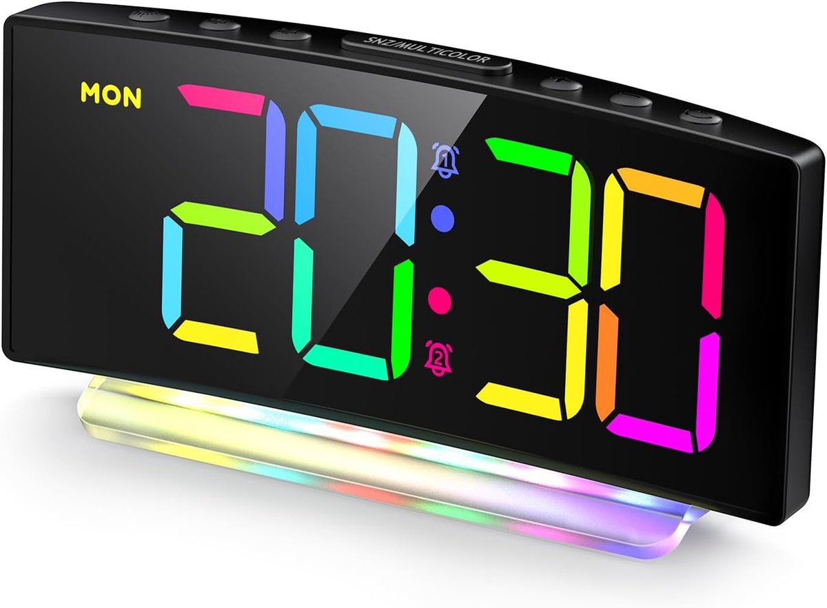 Gebogen digitale LED-wekker met RGB-verlichting, dubbel alarm, 12/24-uurs tijdweergave, instelbare helderheid (adapter meegeleverd)