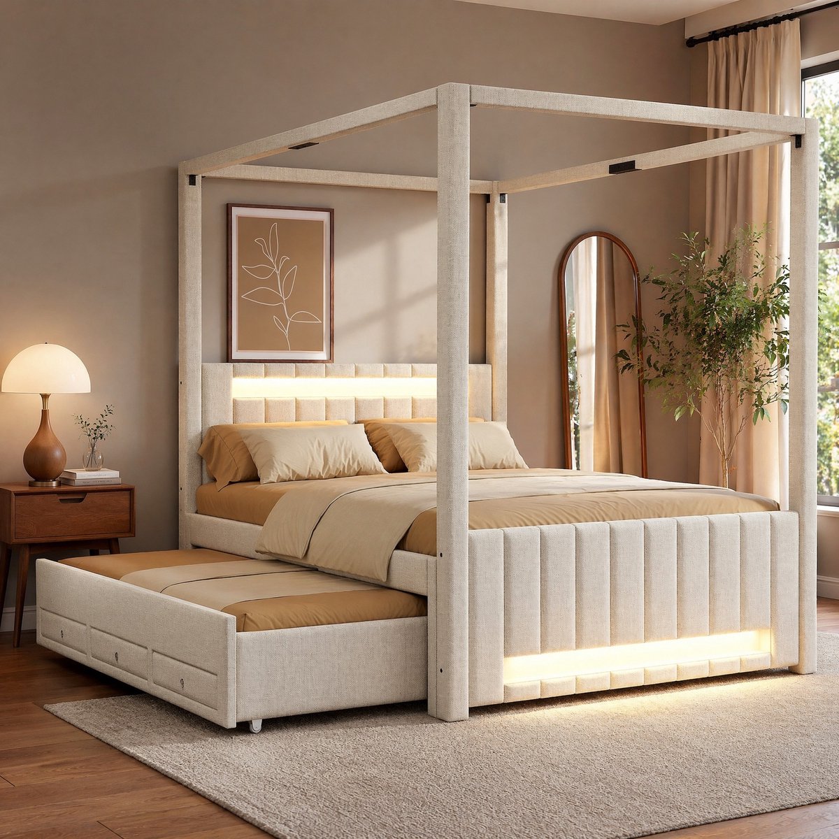 Wishdor Hemelbed 140x200 cm met uitschuifbed, 3 lades en ledverlichting, tweepersoons bed in beige met stoffen bekleding en lattenbodem