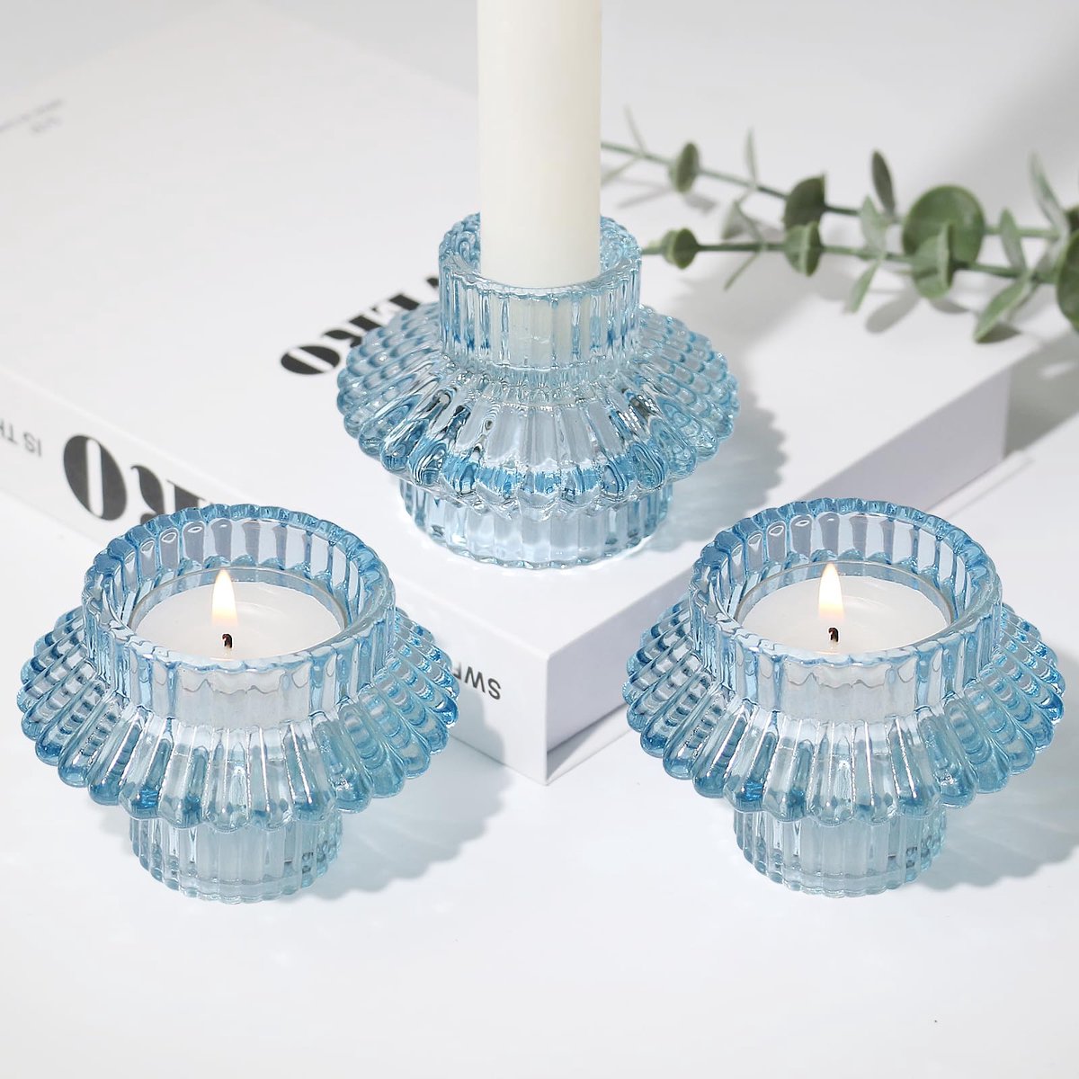 Kandelaar houders set van 3 - glazen kaarsenhouders - blauw - sfeervolle verlichting voor elke gelegenheid - ShopVlot
