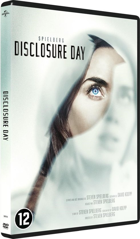 DVD-hoes: "Disclosure Day" met close-up van een vrouw met blauwe ogen, doorzichtig over een ander gezicht.