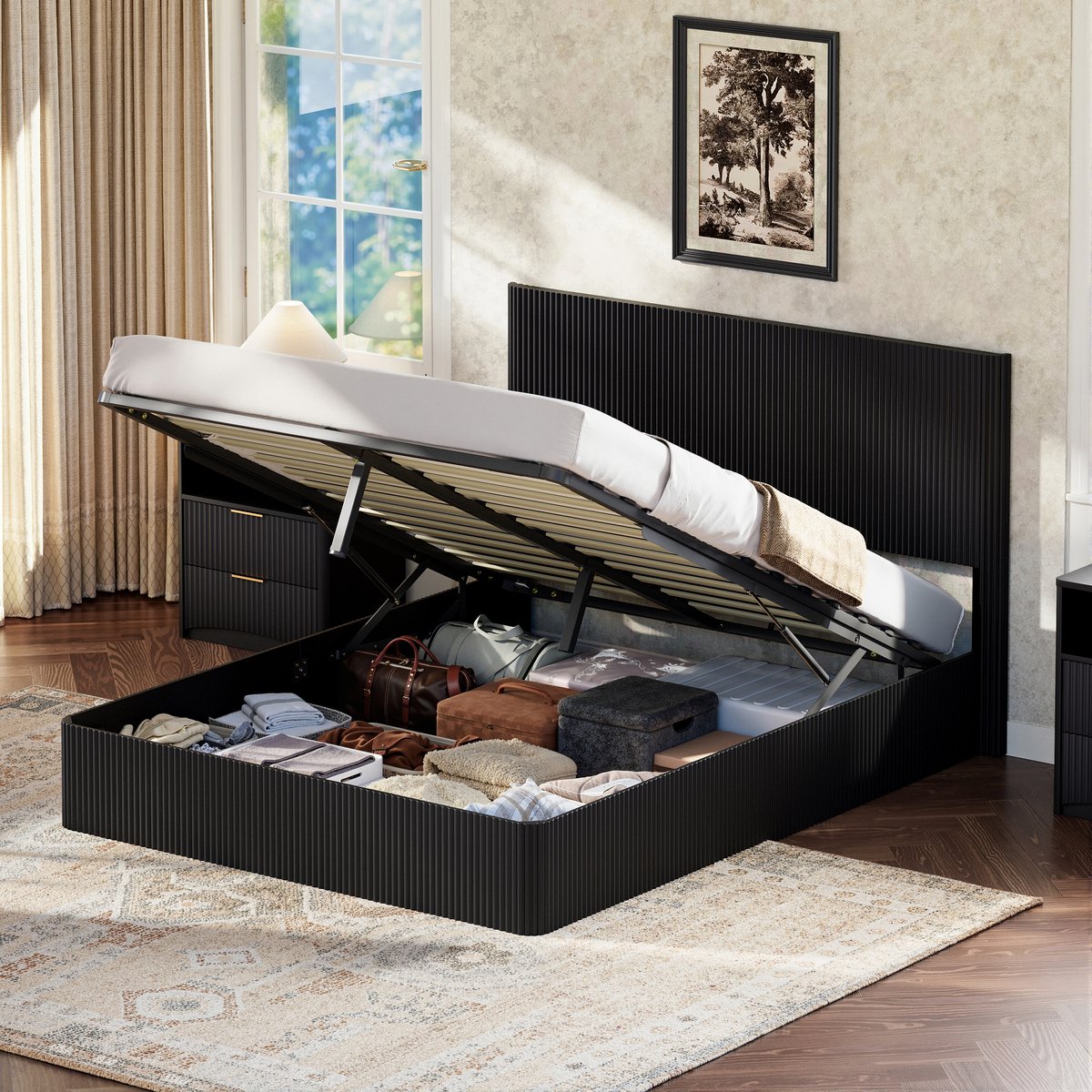 Wishdor Bed met opbergruimte 160x200 cm - Hydraulisch liftsysteem - Rillenoptiek - Zwart - MDF, metaal en hout - Lattenbodem - 210 x 177 x 113,5 cm