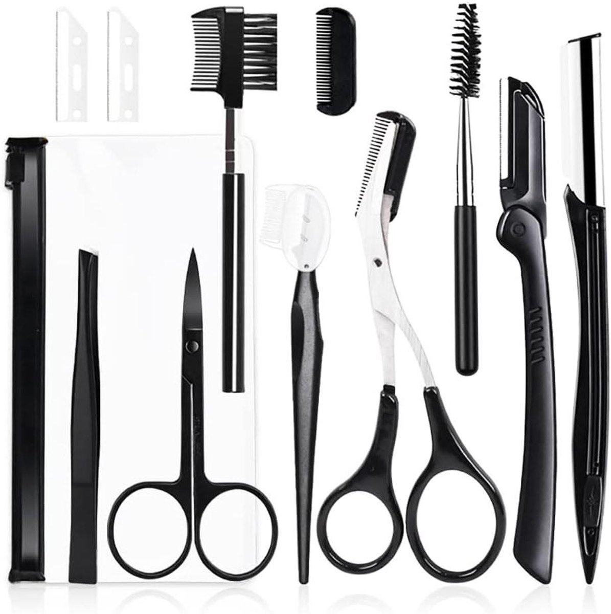 Wenkbrauw Verzorgingsset - Grooming Kit - Gezichtsverzorging Thuis - Roestvrij Staal - 11 Delig - Zwart