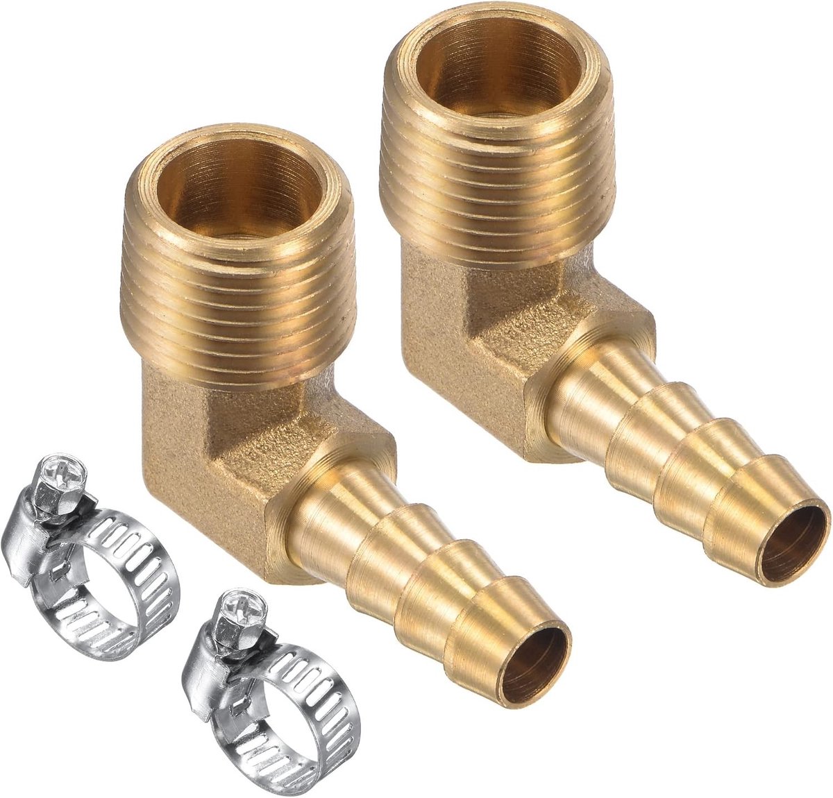 2-Pack Messing Slangfittingen - 90 Graden Elleboog 5/16 Inch Koppeling met Slangklem voor Water en Gas (3/8 NPT Mannetje)