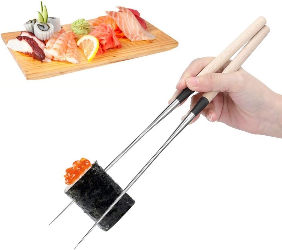 Sushi eetstokjes met roestvrijstalen puntige uiteinden en houten handvat, multifunctionele keukentangen voor frituren, sushi en salades (L)