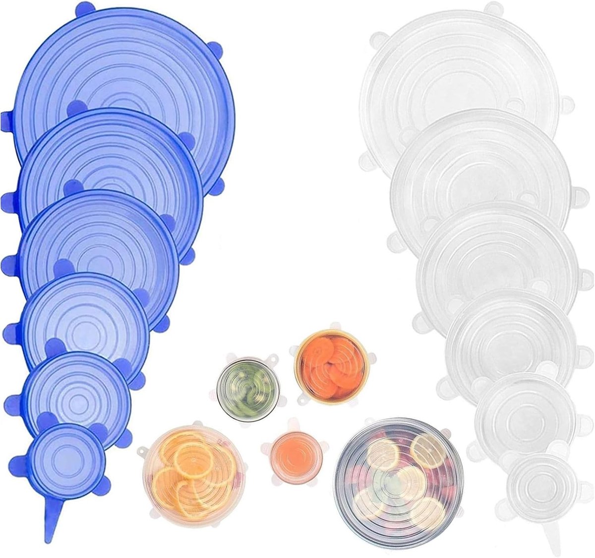 Set van 12 Verstelbare Siliconen Deksel voor Keuken - Herbruikbaar, Elastisch, BPA-vrij, Diverse Maten voor Glazen, Schalen en Bekers