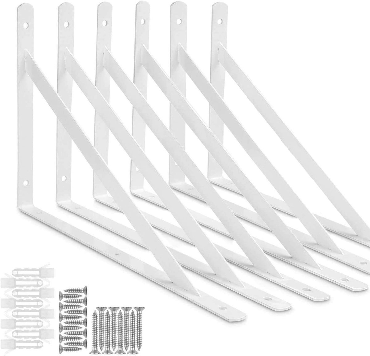 Hoekplankenset van 6 Stuks, Driehoekig 90° Staal, 400 mm x 250 mm, Inclusief Schroeven en Ankers voor Muurbevestiging