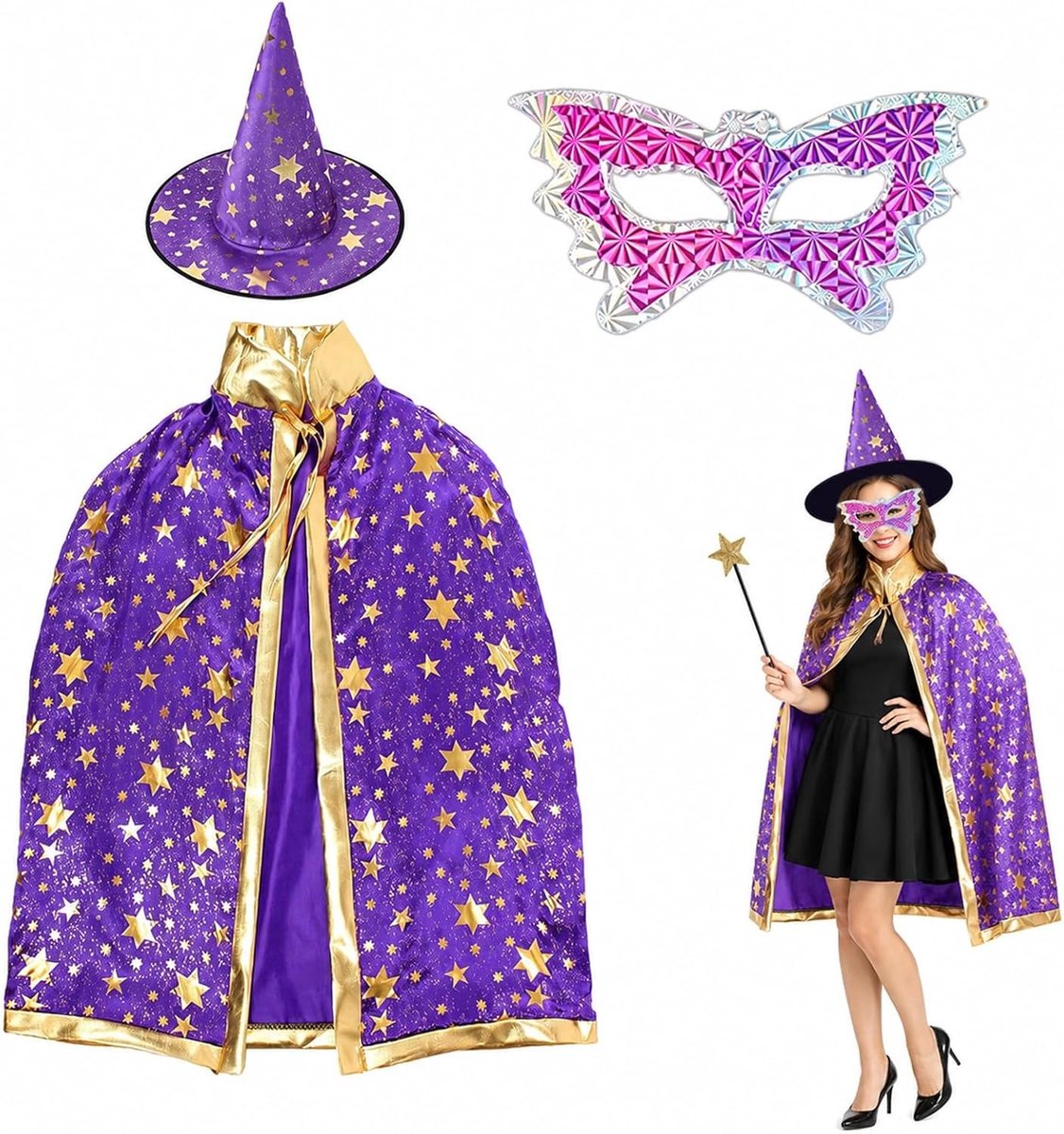 Halloween Heksenkostuum - Zwart - 80 cm - Met Hoed, Masker en Tas - Voor Volwassenen