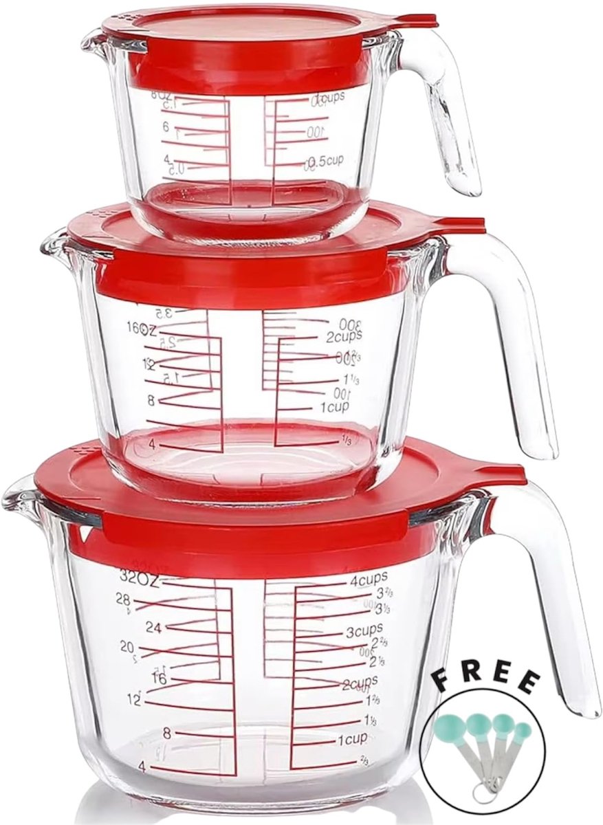 Glas meten 6 stuks - 3 kopjes met deksels - 1-Cup/250ml, 2-Cup/500ml, 4-Cup/1000ml - transparante maatkannen - ShopVlot