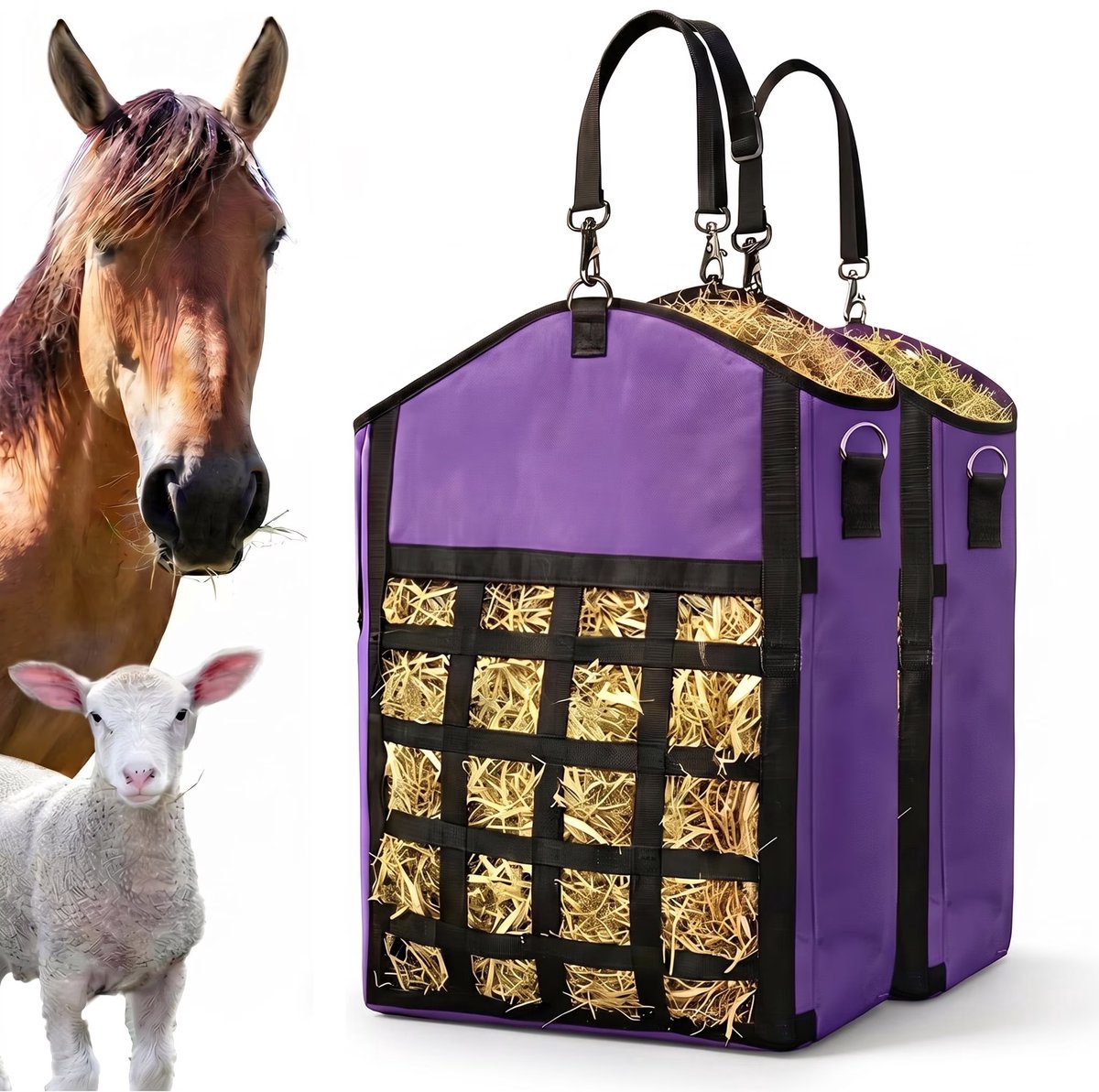 Hooinetten voor paarden – Slowfeed hooizakken - 2 stuks, met gaas aan de voorzijde, ruime opening voor gemakkelijk vullen, twee ophangmogelijkheden – geschikt voor geiten, schapen en ezels(Paars)