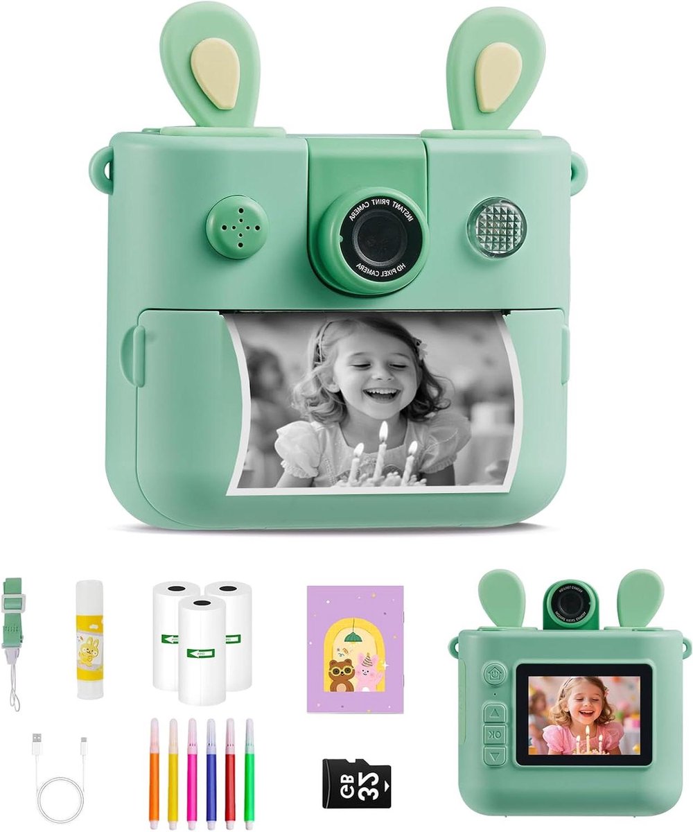 Digitale Kindercamera - Directe Print Camera - Vakantie Herinneringen - Draaibare Selfie Lens - 32GB Opslag - Groen