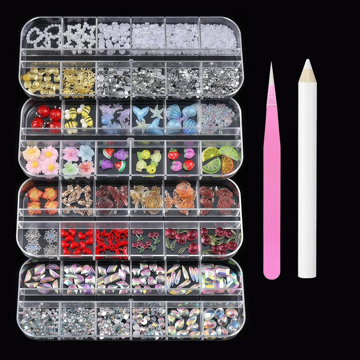 Grote set met 3000+ nagelkunst rhinestones en charms, 48 dozen 3D bloemen, fruit en dieren, kleurrijke edelstenen voor DIY nagelontwerpen met pincet en waxpen