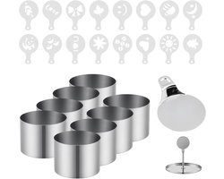 Set van 8 Dessertringen van Roestvrij Staal, Kleine Bakringen voor Taarten, Desserts en Mousseringen met Stamper en Koffiesjablonen, Ideaal voor Taartringen en Bakprojecten