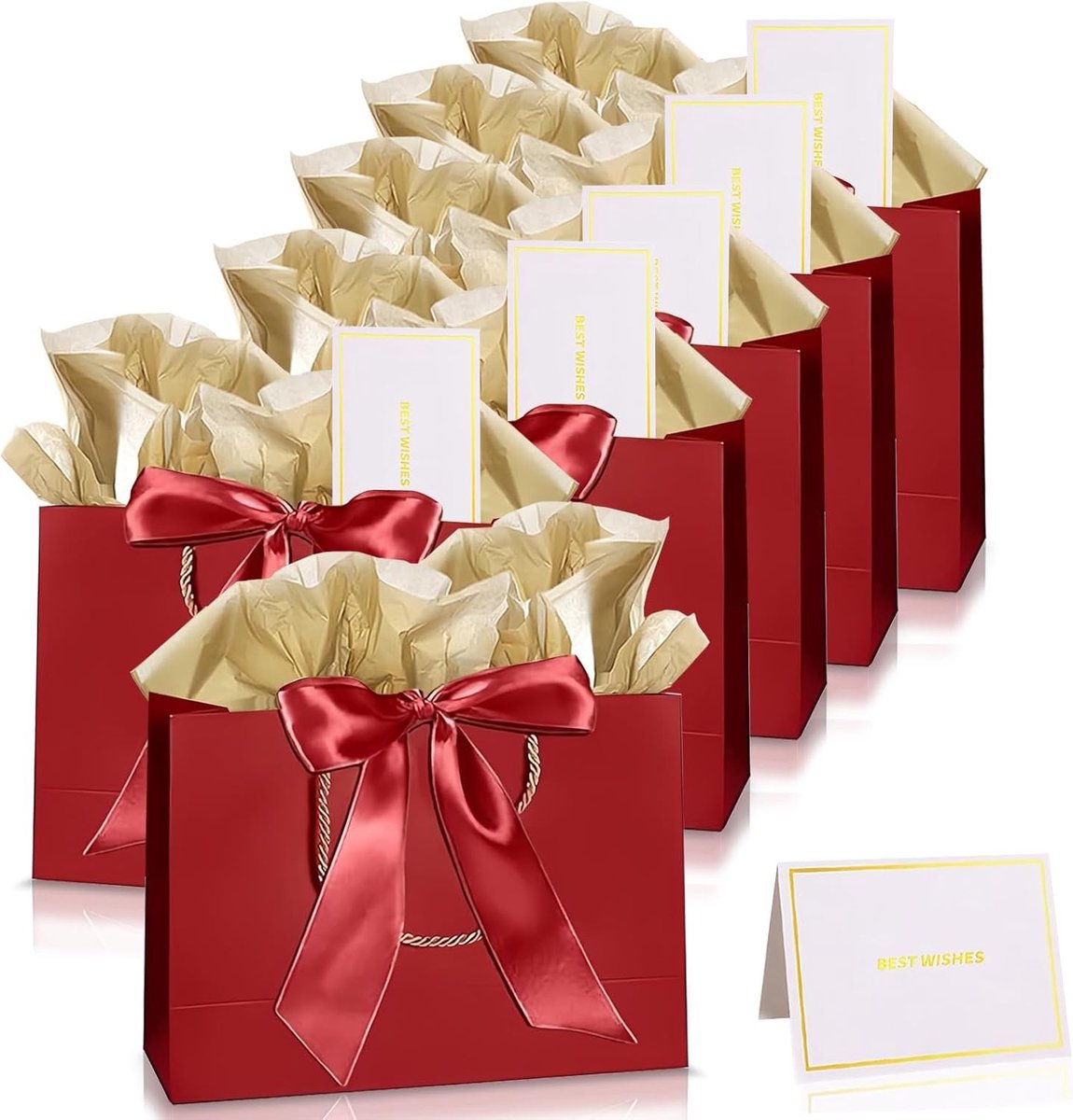 Middelgrote kerstcadeautassen in bordeauxrood, 6 stuks, met zijdepapier en cadeaukaart, ideaal voor verjaardagen en bruiloften, perfect voor dames en meisjes