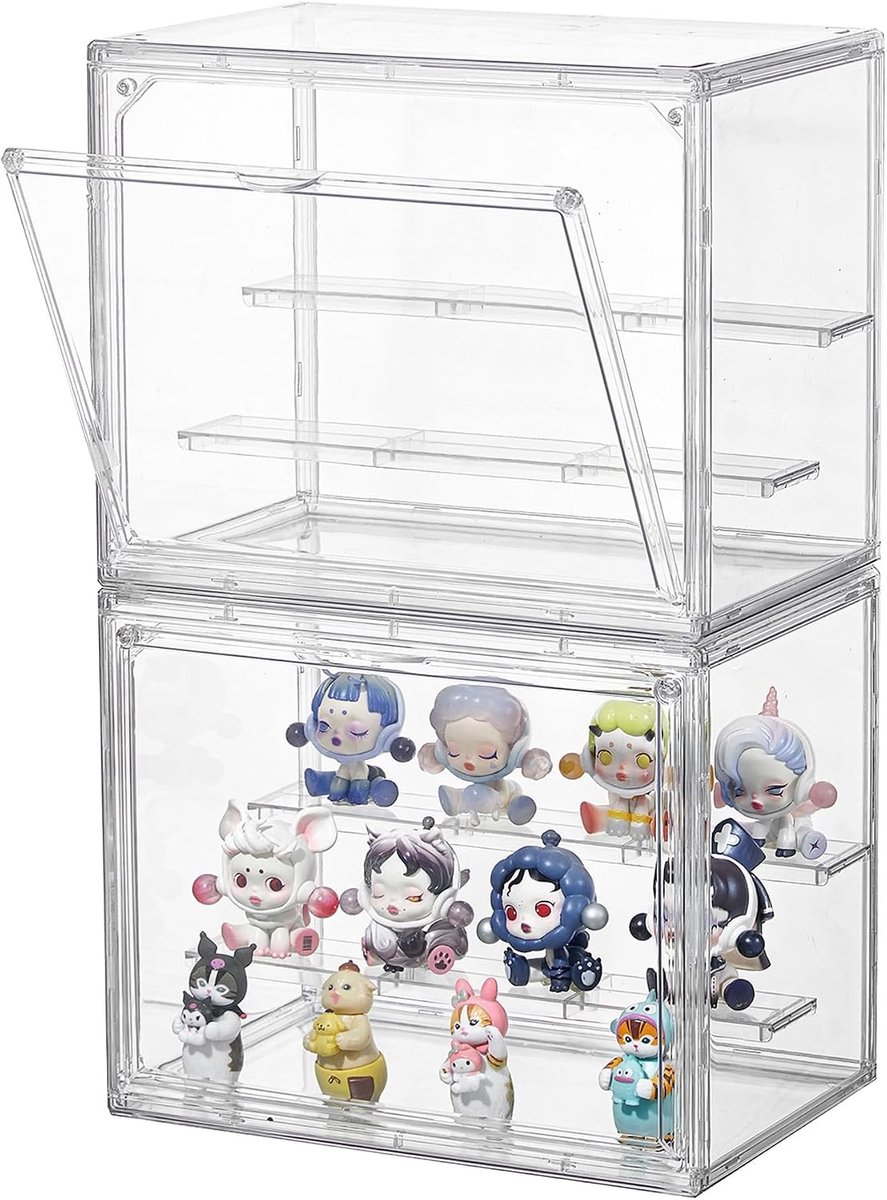 Set van 2 Transparante Acryl Displaydozen met 3 Niveaus, Verstelbare Stand voor Mini Actiefiguren en Verzamelobjecten, Magnetische Deur voor Kleine Collecties