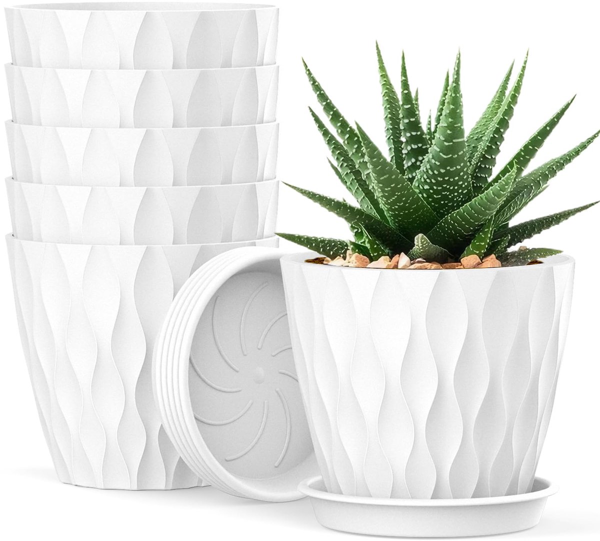 Set van 6 Blumentöpfen met Onderzetter 10 cm - Wafelpatroon, Kunststof, Voor Sukkulenten en Binnen- en Buitengebruik, Wit