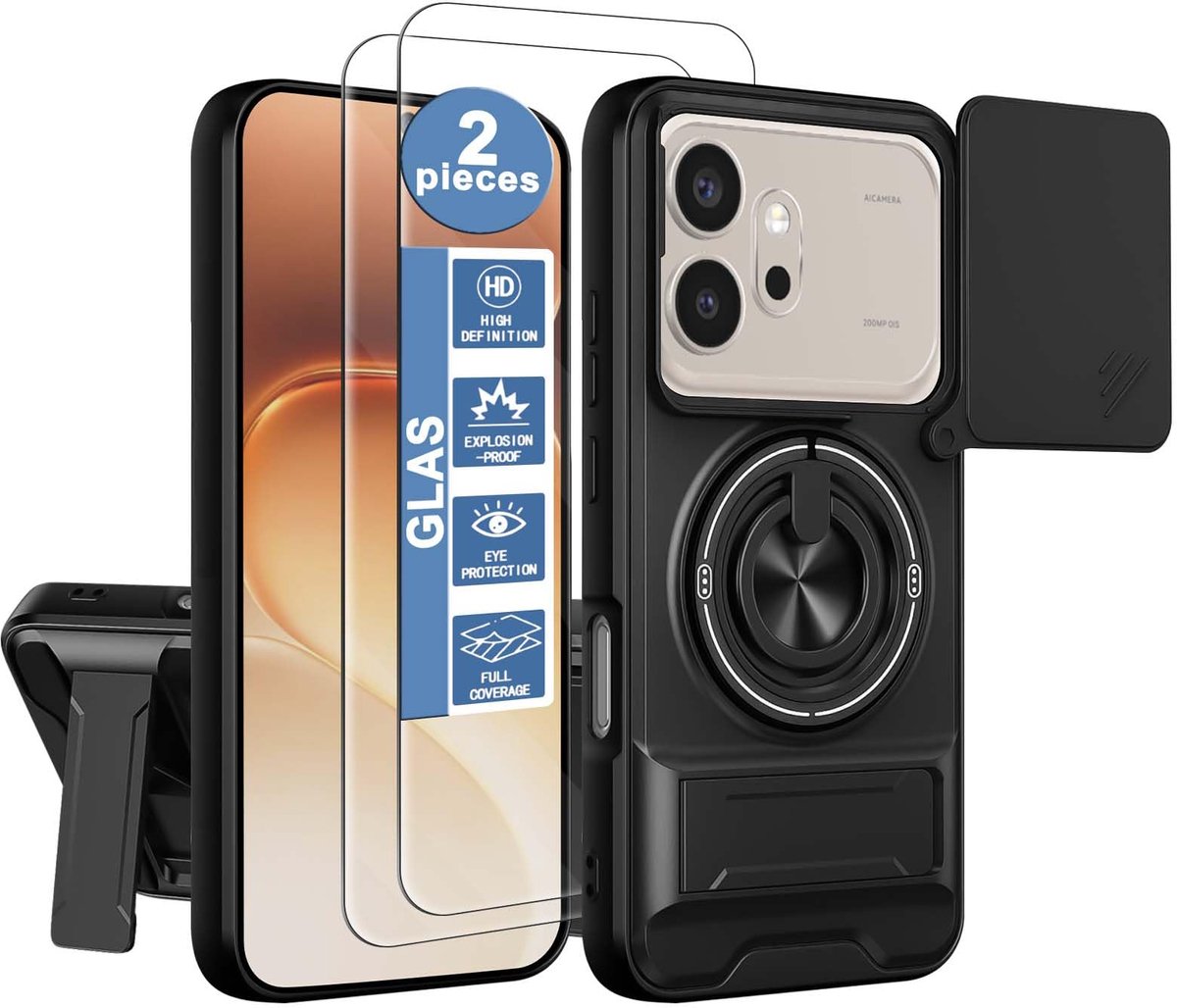 Hoes voor Honor 600 - camerabescherming met schuifcamera - 2 stuks displaybeschermfolie - schokbestendig met standaard - ShopVlot