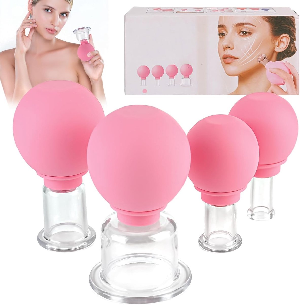 Set van 4 Schröpfglazen met Siliconen Zuigballen voor Gezichtsmassage, Detox en Versteviging van de Huid tegen Rimpels en Cellulite