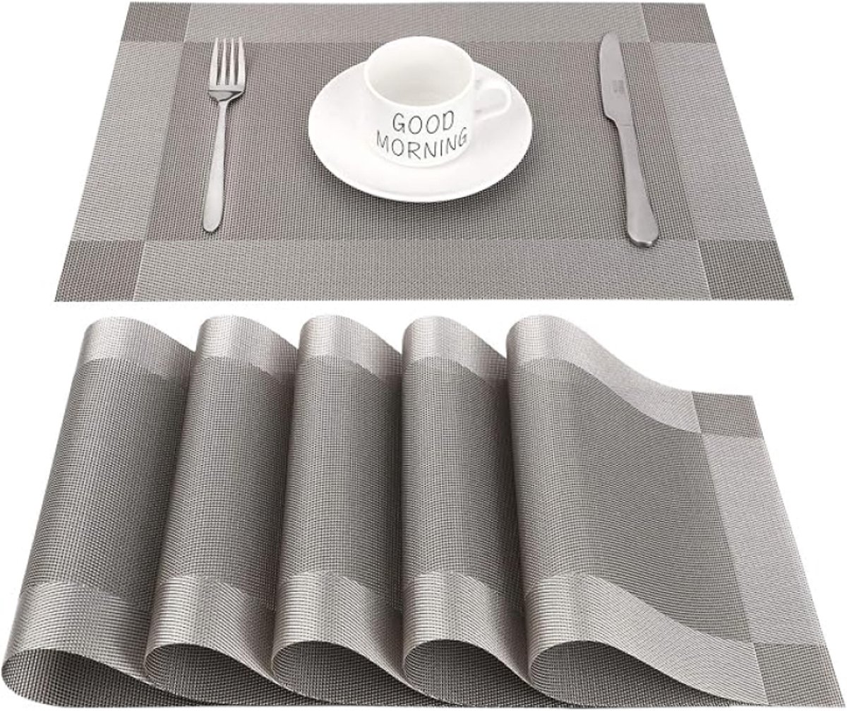 Placemat Set van 6, Antislip, Hittebestendig, Vlekbestendig Tafelonderzetter, 45x30 cm, Grijs