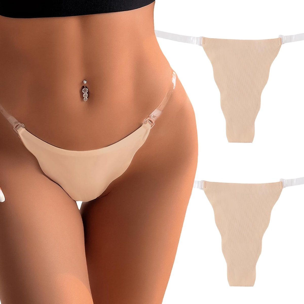 Pack of 2 Women's Thong Thong Invisible Seamless Low Waist G-String Elastic Underwear with Transparent Adjustable Strap - ShopVlot