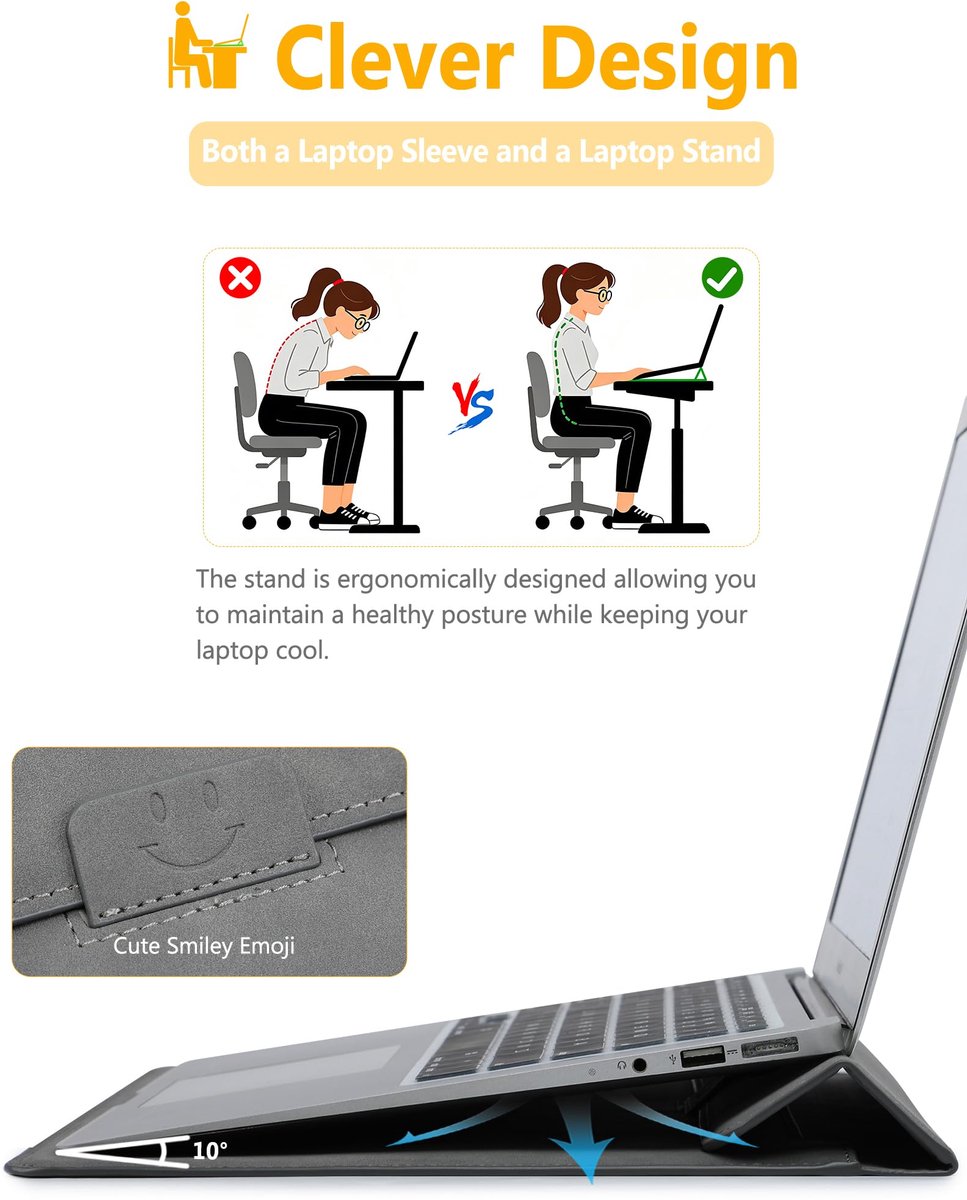 HYZUO 13 Inch Laptop Hoes Sleeve met Standaard voor MacBook, Donkergrijs - ShopVlot