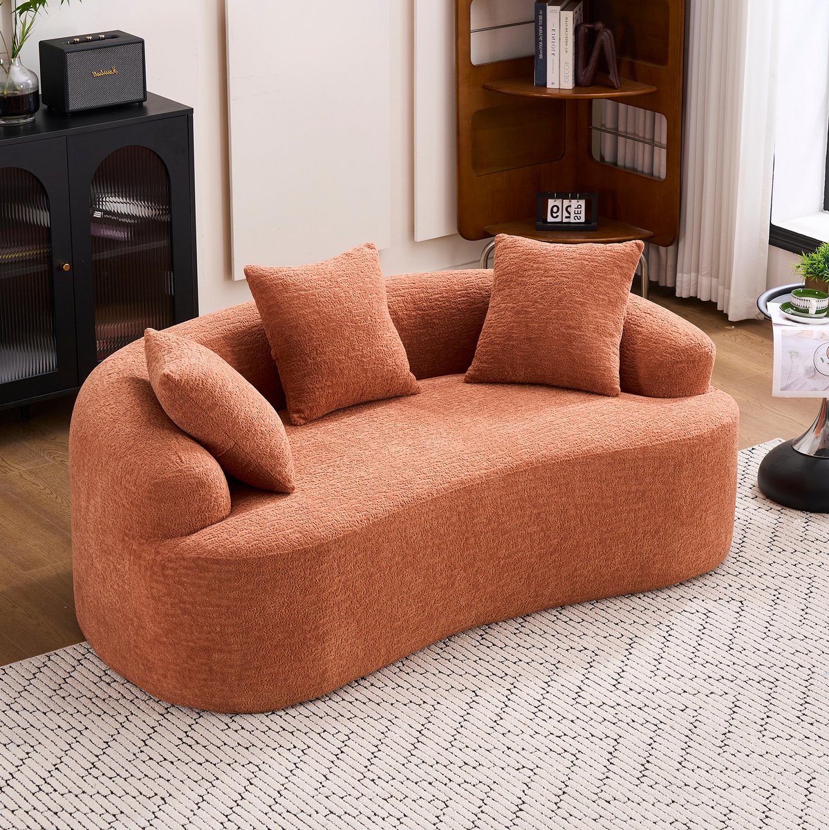DESMIU Zitbank - 153 Cm - Gebogen 2-Zits Met 3 Sierkussens En Zacht Chenille - Voor Woonkamer En Kleine Ruimtes - Chenille - Coral