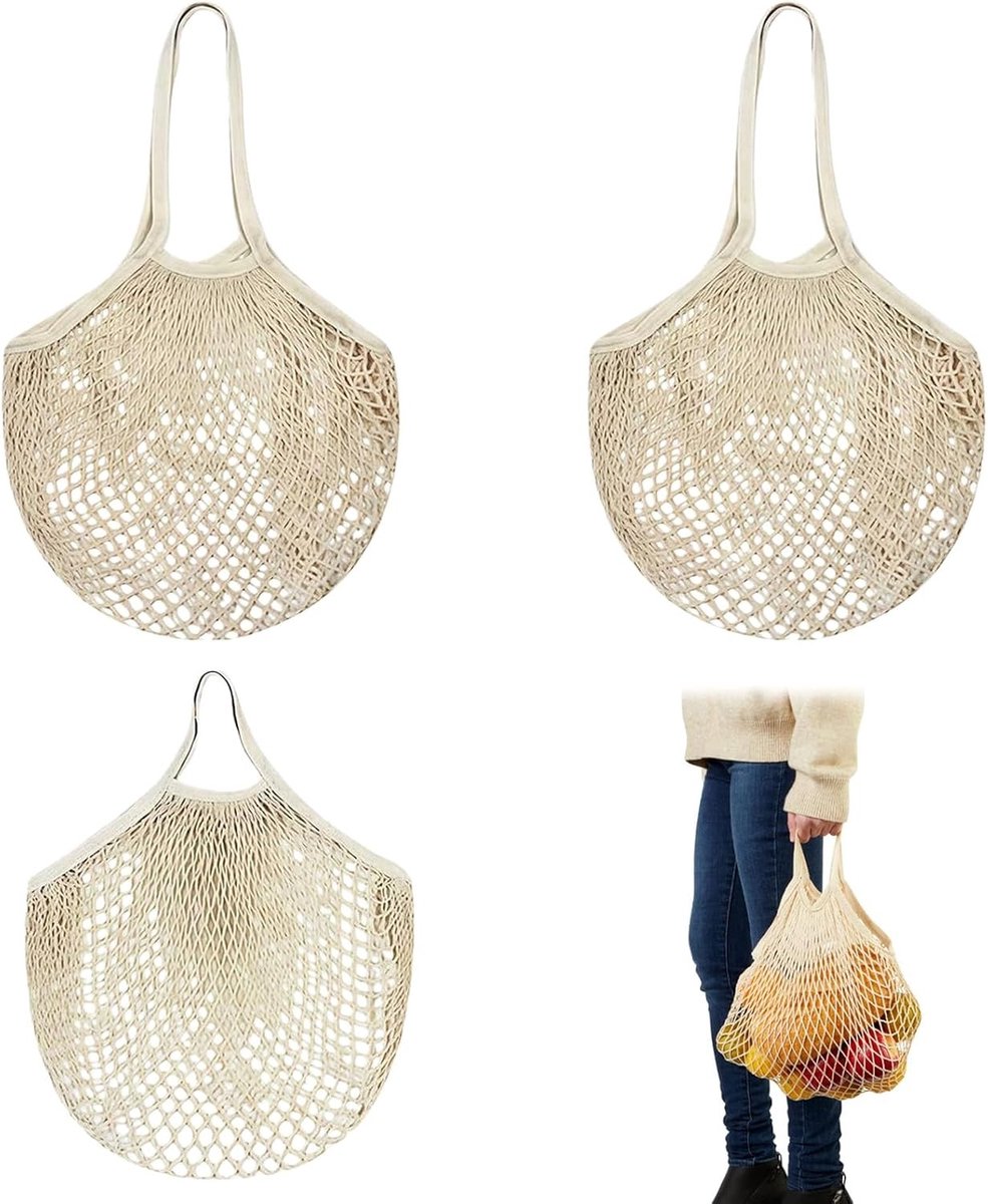 Herbruikbare Katoenen Boetiek Tassen Set van 3 - Duurzame Mesh Tassen met Lange en Korte Handvatten voor Boodschappen en Winkelen tot 10 kg
