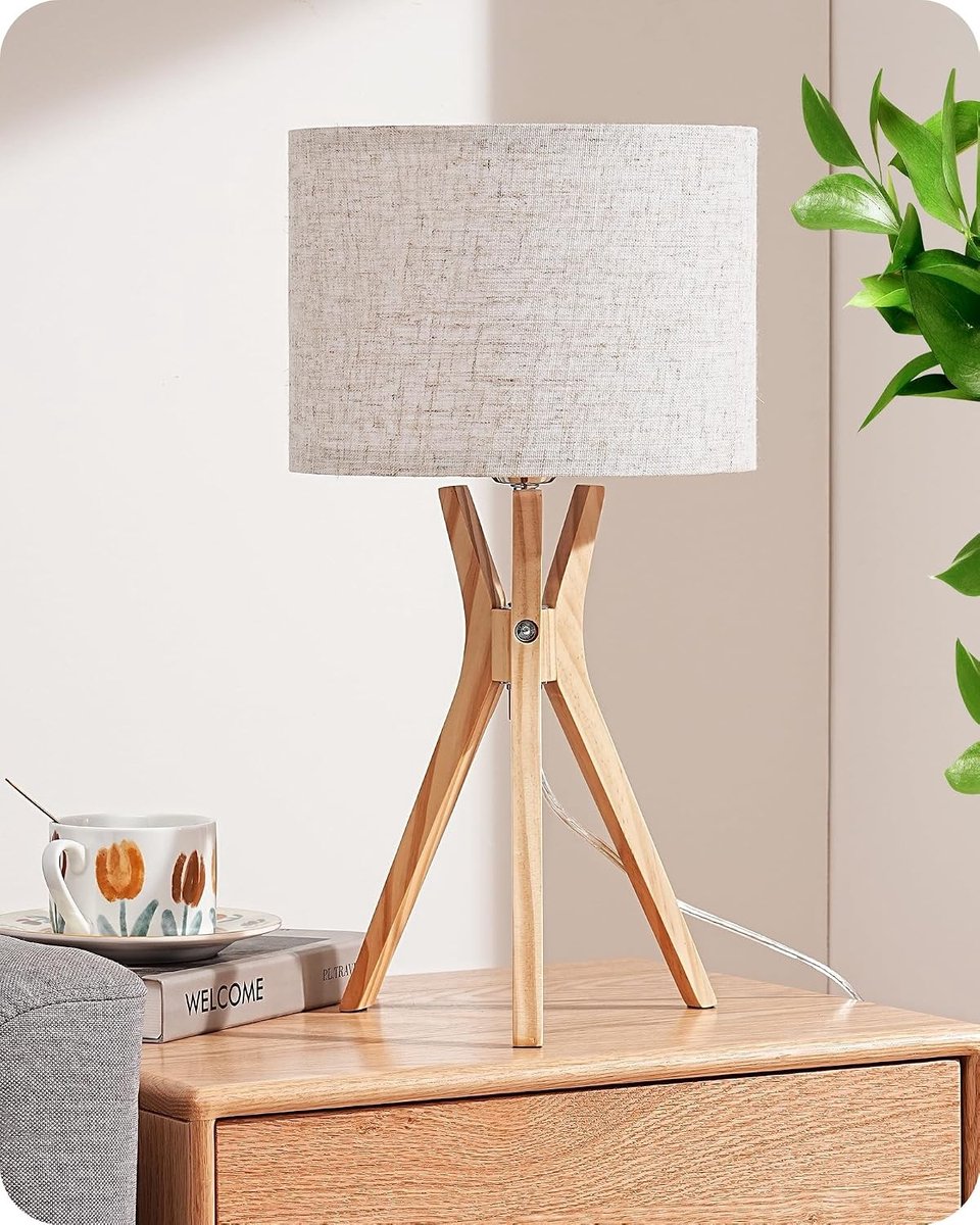 Moderne Tafellamp met Houten Tripod en Beige Linnen Lampenkap, E27 2700K Warm Wit LED, Geschikt voor Slaapkamer, Woonkamer en Kantoor