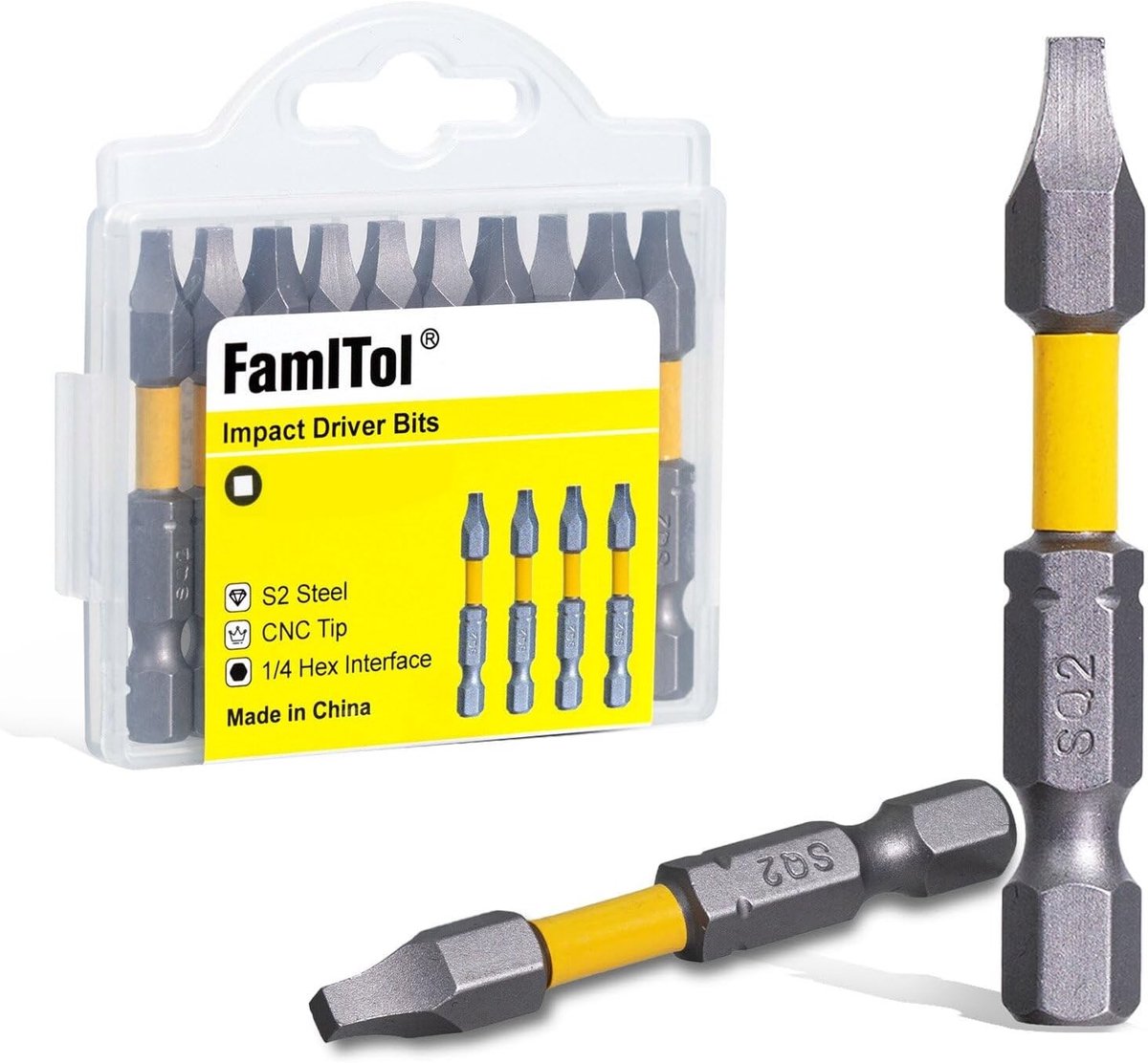 Set van 10 vierkante schroevendraaier bits met 1/4 inch hex schacht, S2 staal, magnetisch, 50mm lengte voor precisiewerk en klussen