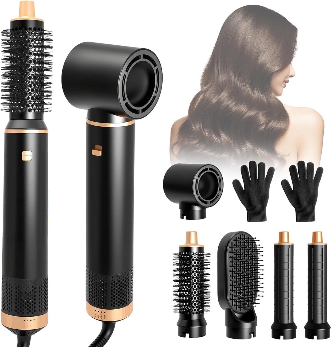Heteluchtborstel Set - Haarstyler Krultang - Haar Stijlen - 5-in-1 Multifunctioneel - 27x24.5x7.7 cm - Zwart