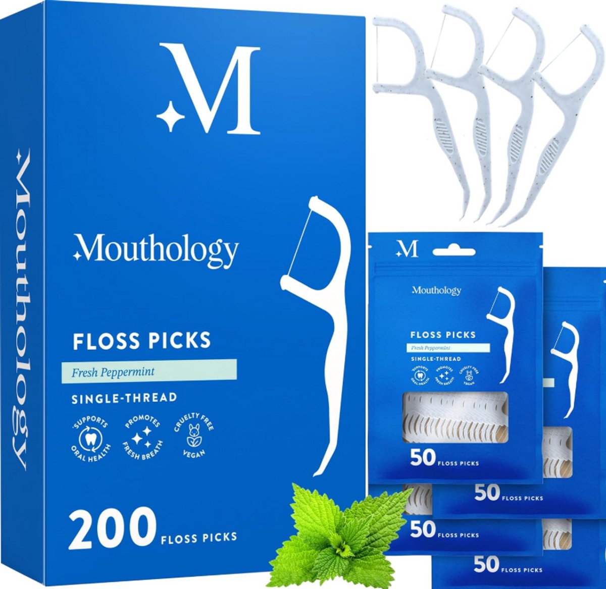 Mouthology Biologisch Afbreekbare Flosstokers – 200 Stuks – Munt – PFAS-vrij – Composteerbaar – Floss Picks voor Volwassenen & Kinderen