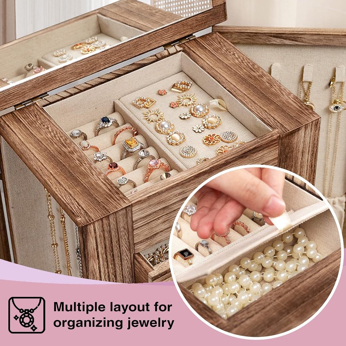 Grote Houten Sieradenbox met 4 Laden en Spiegel, Organiser voor Oorbellen, Armbanden en Ringen in Vintage Bruin