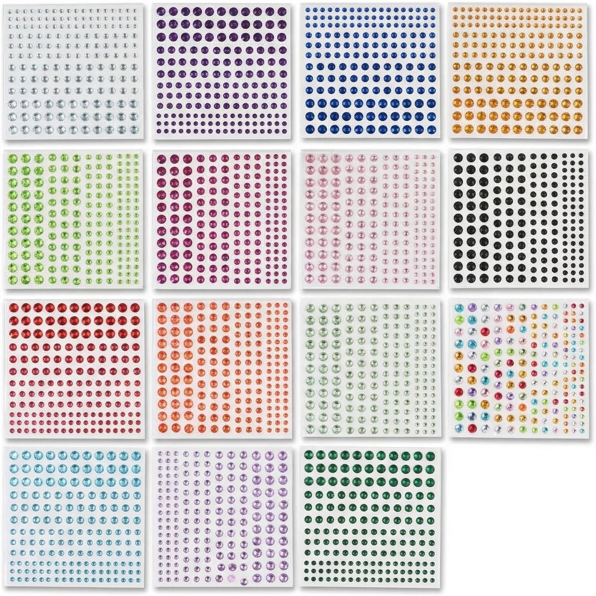 Zelfklevende strassteentjes 3-6 mm, 2475 kleurrijke waterdruppels voor gezichtsmake-up, nageldecoratie en feestelijke looks, 15 vellen