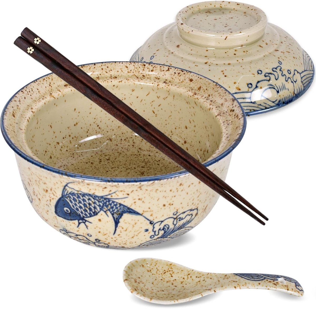 Stijlvolle keramische ramenkom met deksel, eetset met chopsticks en lepel, ideaal voor soep, granola en salades - 800ml
