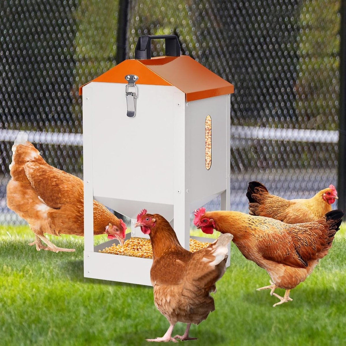 Grote 8kg Voederdispenser voor Kippen, Automatische Voederbak met Handvat en Kijkvenster, Ideaal voor Pluimvee en Veehouderij