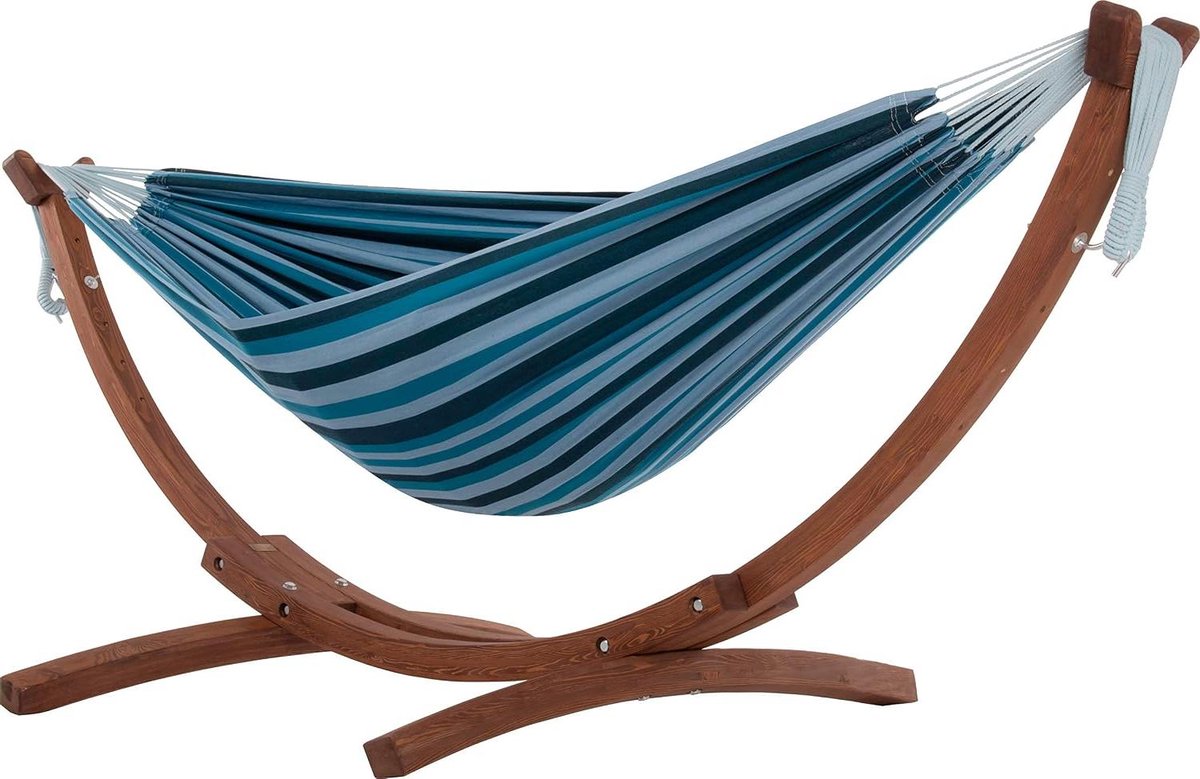 Dubbele Katoenen Hangmat - Strandstoel - Ontspannen in de tuin - Inclusief houten standaard - 100 kg draagkracht - Blauw