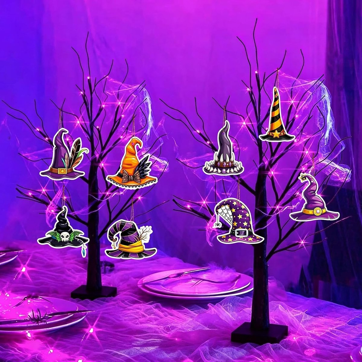 Halloween Decoraties - Zwart - Kunststof - Met LED-lampjes en Hoed Ornamenten - Voor Binnengebruik