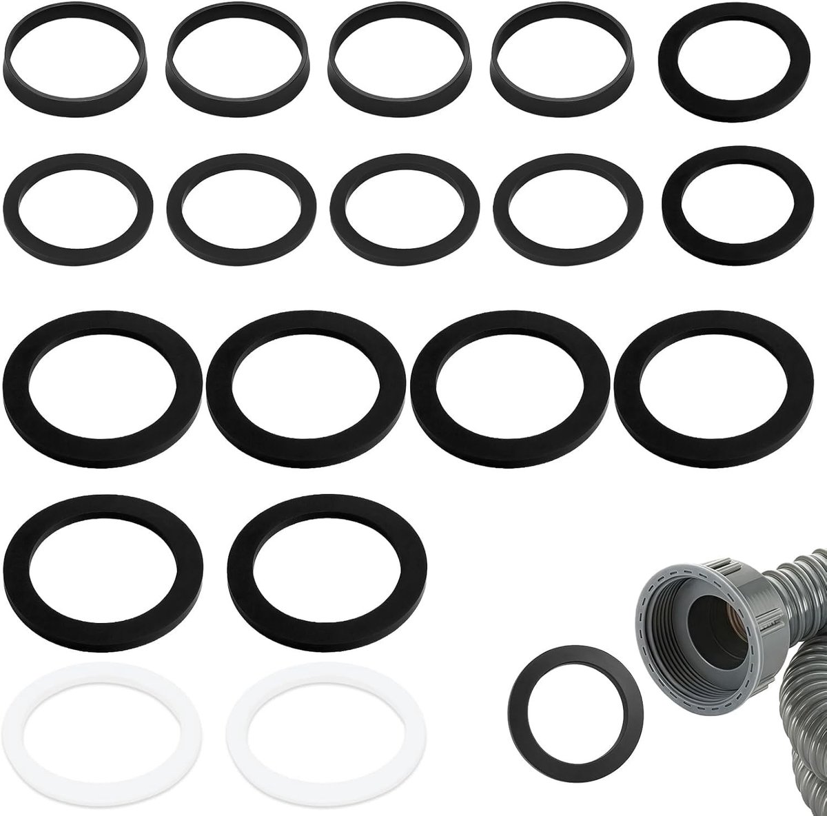 18-delige afdichtingen set voor sanitair, afdichtringen voor sifon 1 1/2 inch, geschikt voor 40 mm, 45 mm, 56 mm afvoerbuis, platte afdichting en wigafdichting voor keukenspoelbak en gootsteenafvoer, waterdicht en duurzaam