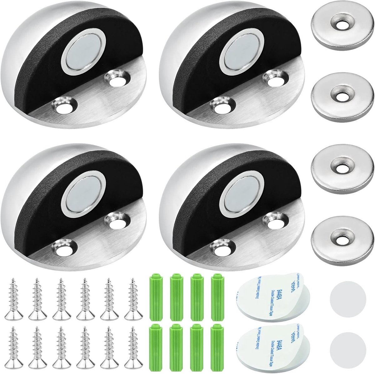 Set van 4 Magnetische Deurstoppers met Rubber Bumper - RVS Vloerdeurstoppers met Schroeven en Plakstrip voor Bescherming van Muren en Deuren, Schokabsorberend en Duurzaam