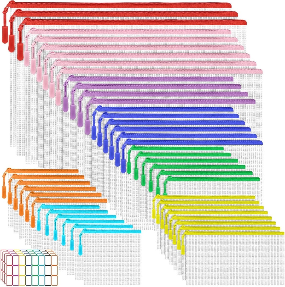 Set van 45 Waterdichte Documenten Compartimenten met Rits - 8 Maten, Mesh Tas, PVC Plastic, Duidelijke Opbergoplossingen voor School, Cosmetica en Kantoororganisatie