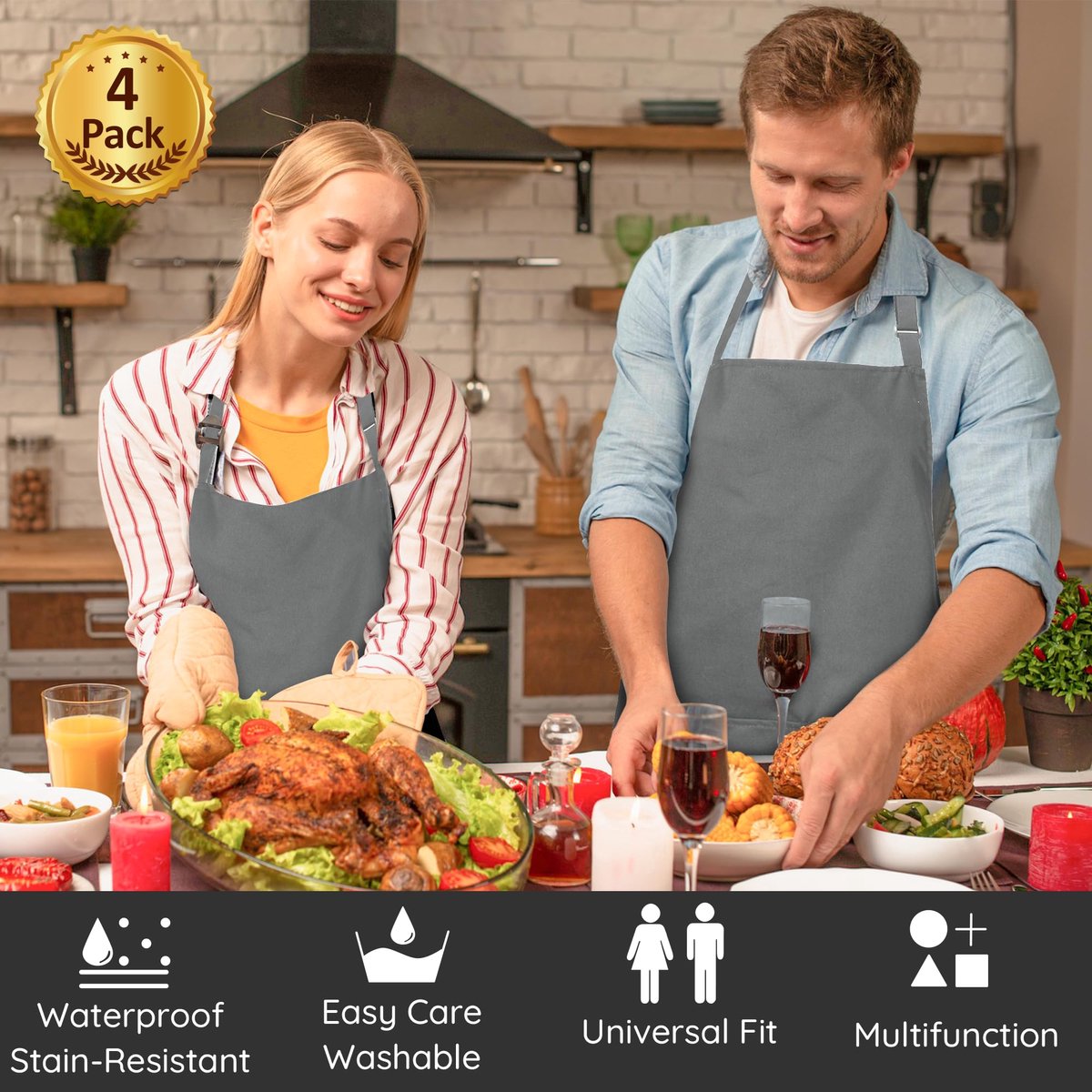 Chef schort 4 pakken - waterdicht grijs - verstelbare schort met 2 zakken - perfect voor koken en bakken - ShopVlot