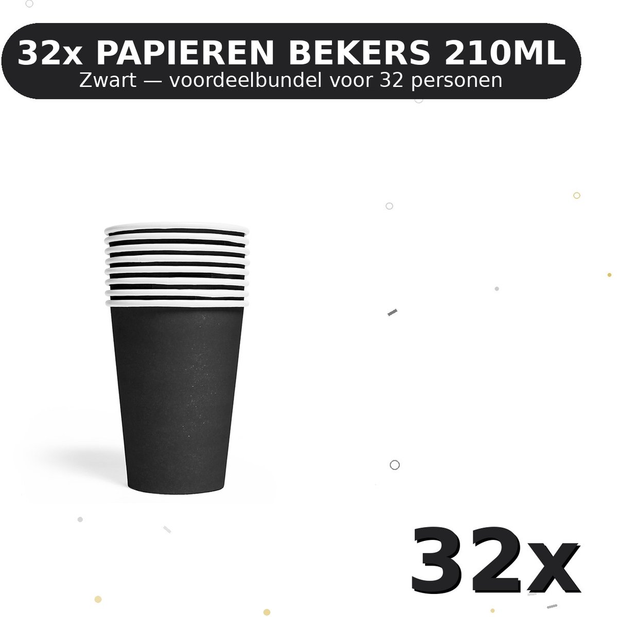 Bekers 210ml FSC Zwart - Voordeelverpakking 32 Stuks voor tot 32 Personen - Feestartikelen