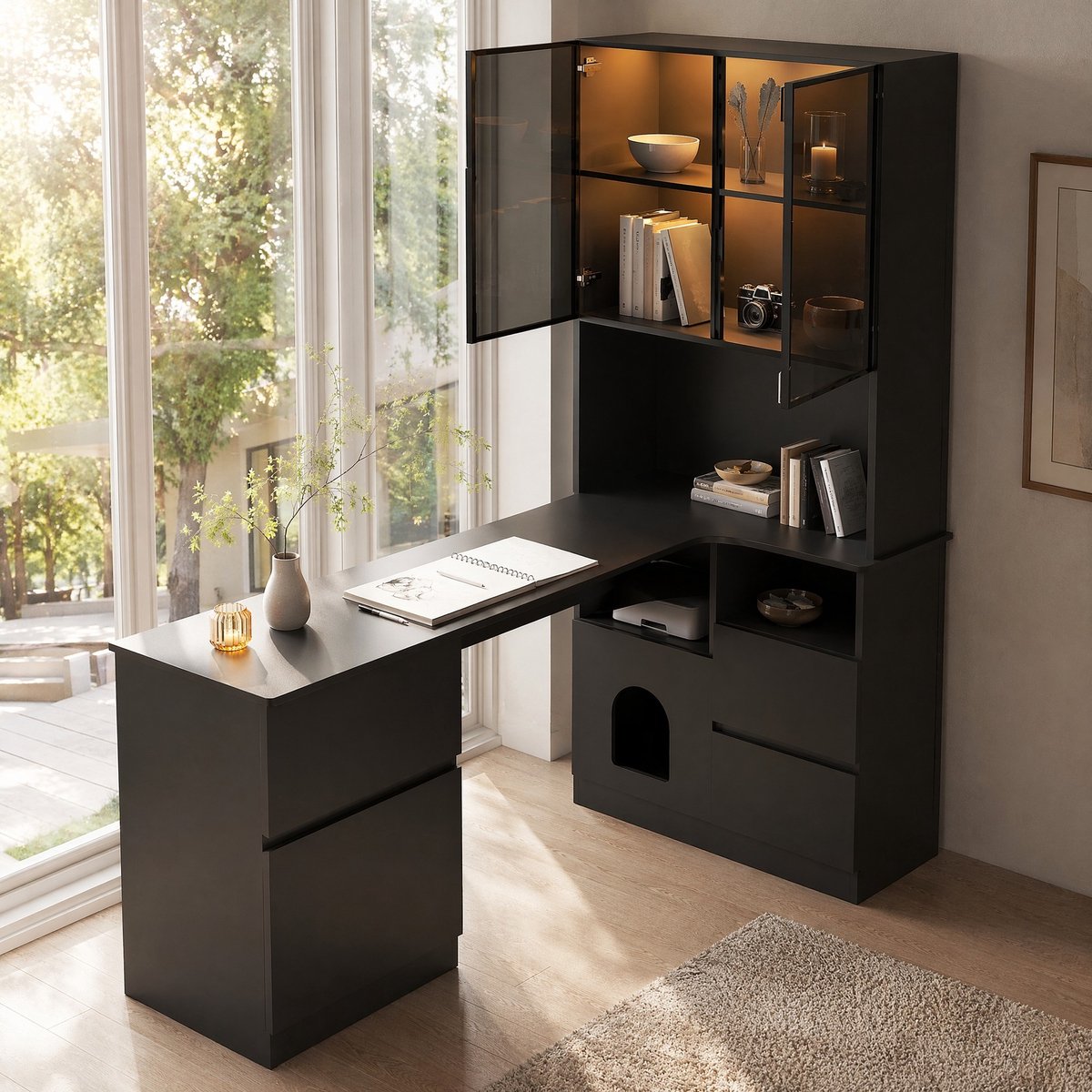 Wishdor Hoekbureau met ledvitrine en opbergruimte - L-vormig bureau met 3 lades, kabeldoorvoer, 2 deuren, open vakken - Zwart - 120x80x180 cm