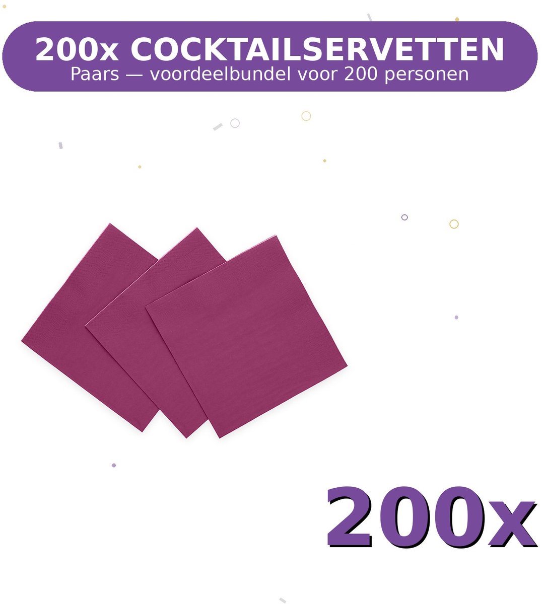 Cocktail servetten 24x24cm FSC Paars - Voordeelverpakking 200 Stuks voor tot 200 Personen - Feestartikelen