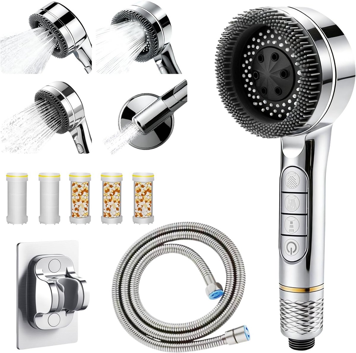 Shower Head for Shower, High Pressure Shower Head with 5 Filters, 1.5m Hose and Holder, Showers, 4 Spray Modes, Shower - ShopVlot