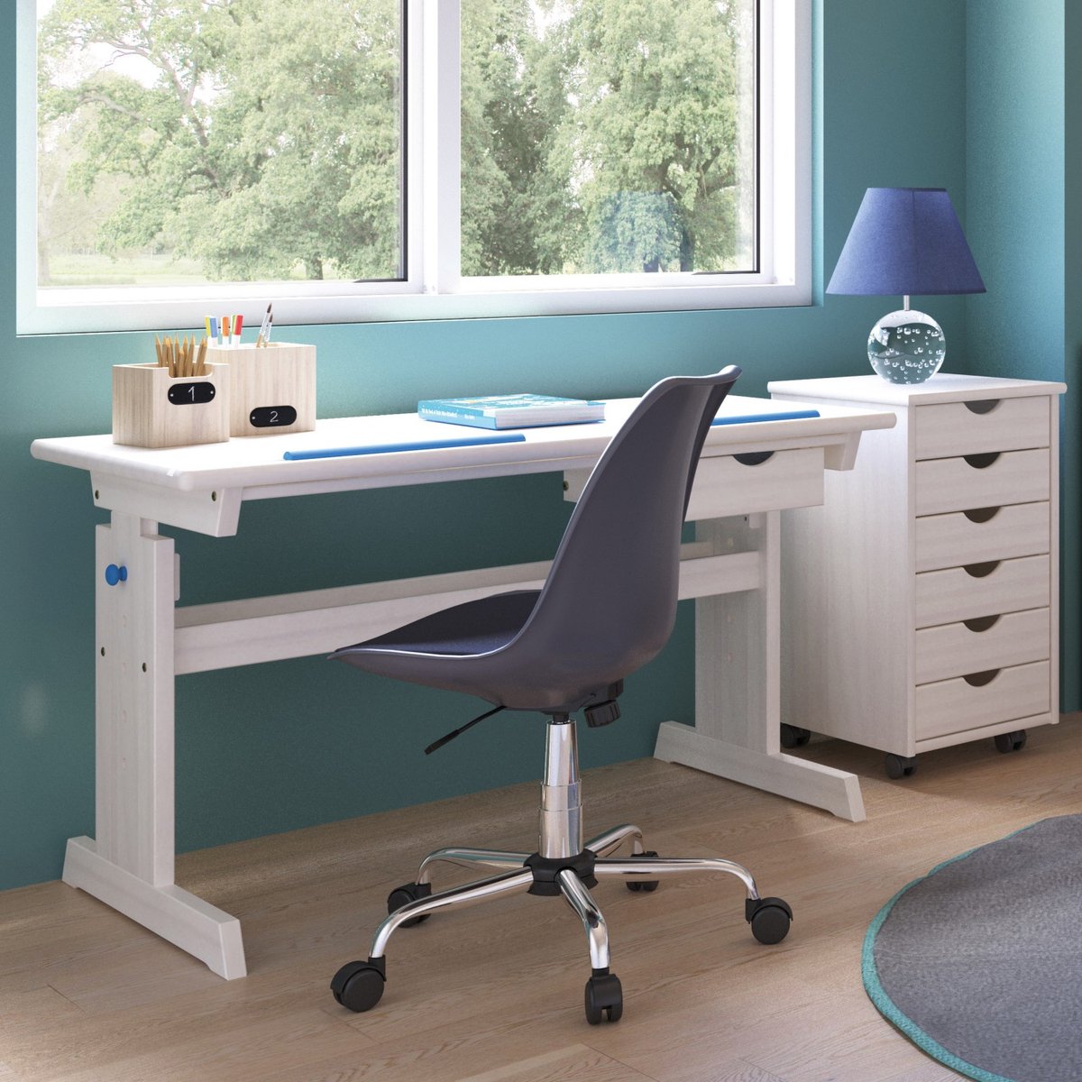 Bureau Dana Met Kantelbaar Bureaublad - Blauw/roze - Interlink - Tekentafel - Wit - Hout; MDF