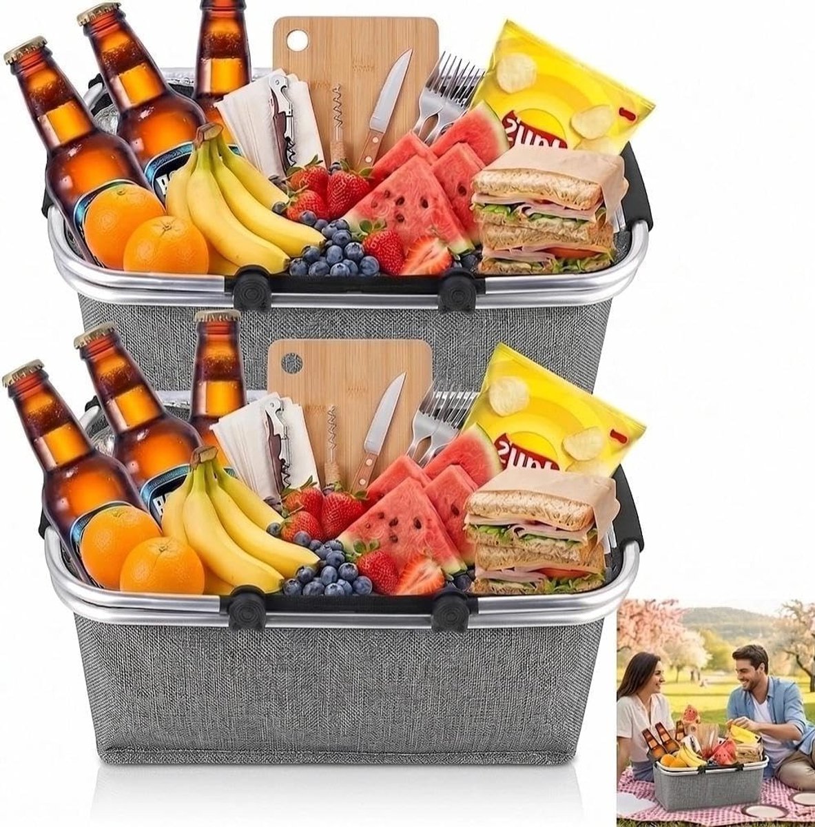 Opvouwbare boodschappenmand als picknickmand, draagbare koelbox met handgrepen, ideaal voor winkelen en reizen, 18 liter, set van 2, grijs