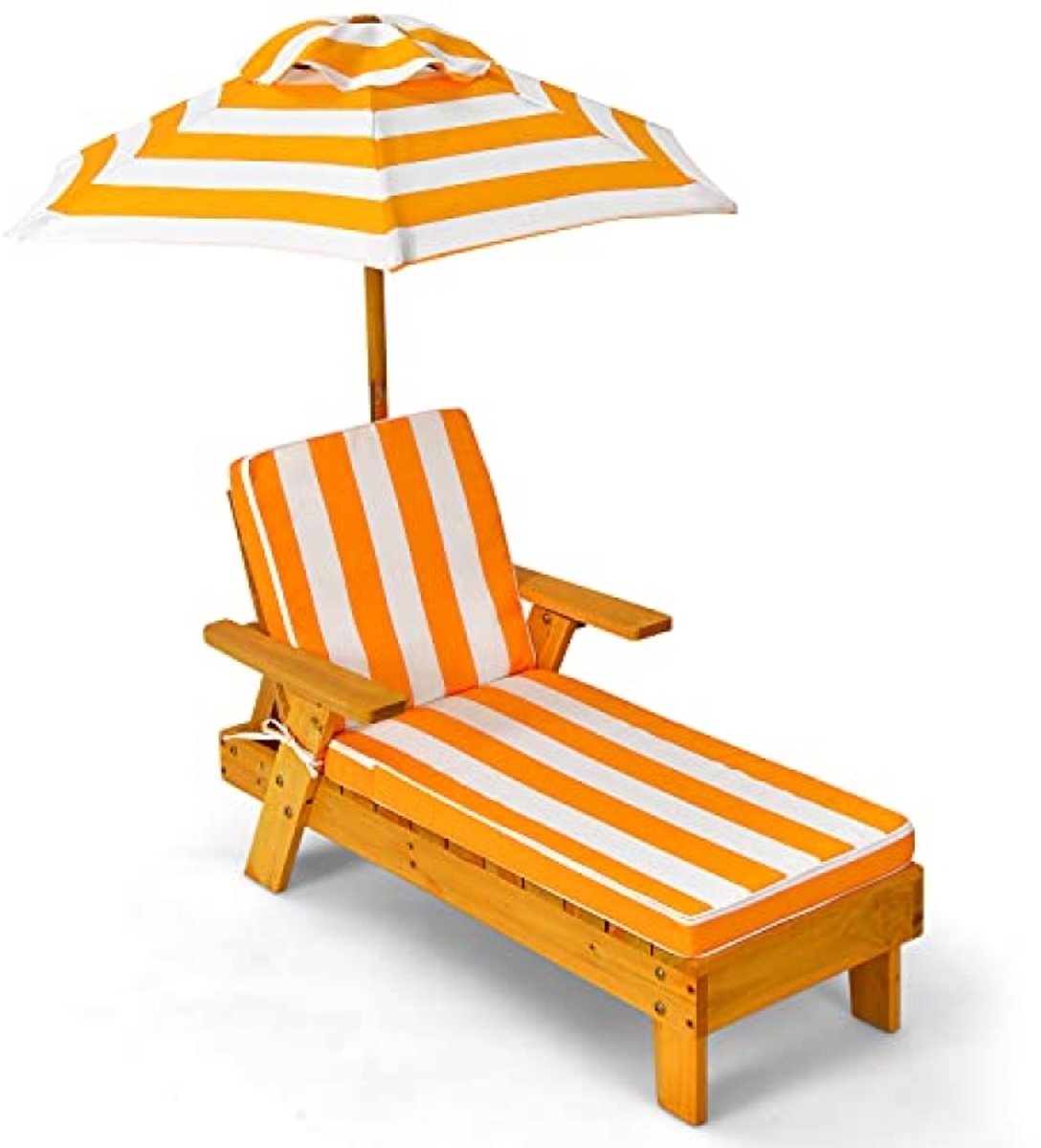 Kinder ligstoel met parasol en kussen, houten tuinstoel tot 50 kg, geel-wit