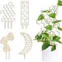 Set van vier houten plantsteunen in honingraat, maan, monstera en maanfasen vormen voor kamerplanten.