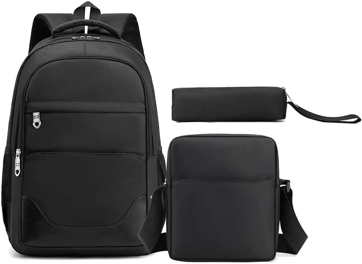 Rugzakset in preppy stijl, casual, grote capaciteit, eenvoudige rugzak, lunchtas, etui (zwart, one size fits all)