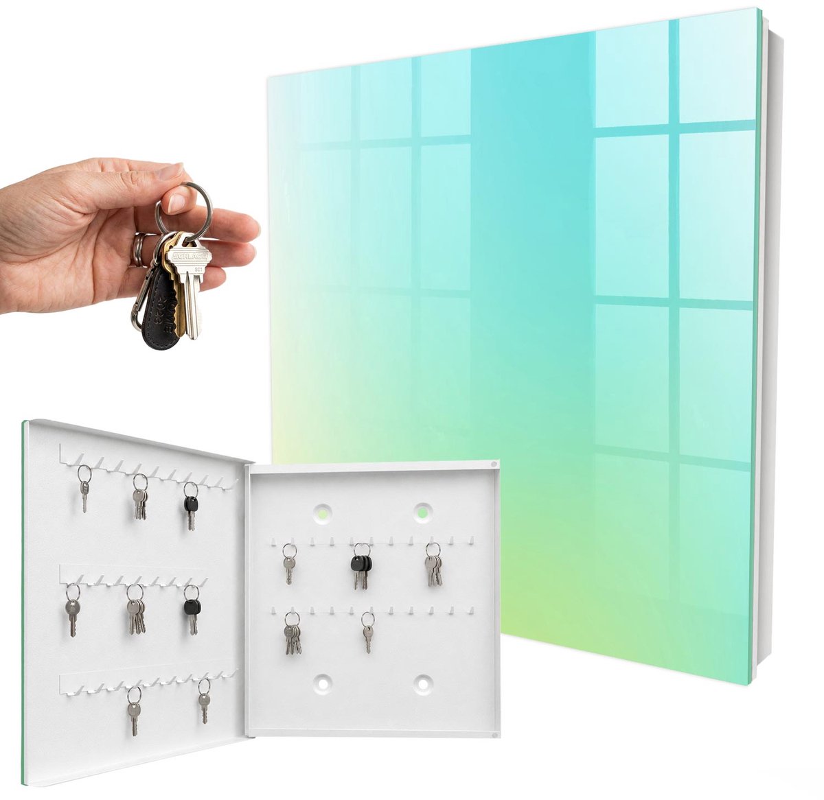 WallMuralia - Sleutelkast - 30x30x5 cm - met 50 haken - Zomerse Frisheid Sleutelkastje Voor Binnen - Turkoois Sleutelbox - Linksopenend - Wit interieur